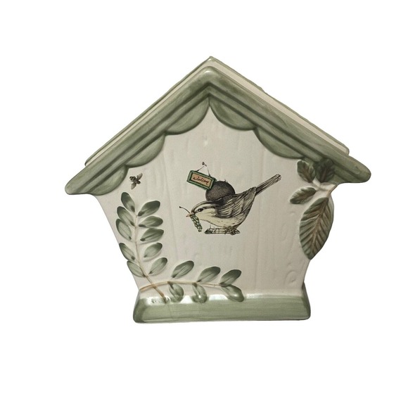 Pfaltzgraff Naturewood Napkin Holder Sparrow Bird House Shape Green Cream - Picture 1 of 10